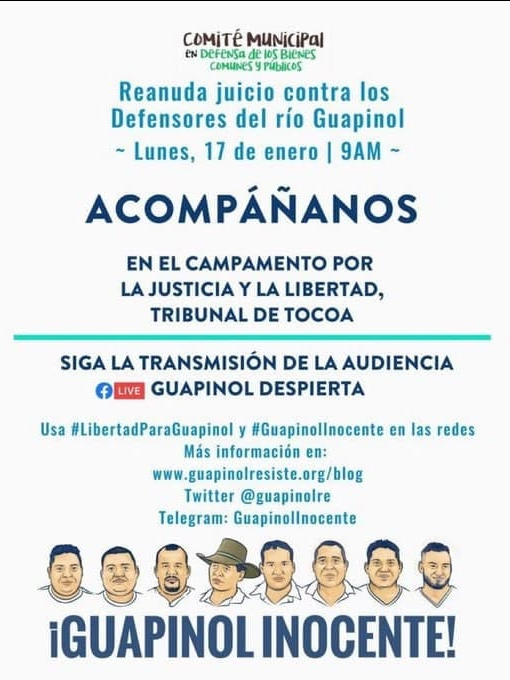 Continua el  juicio contra los defensores de los Ríos Guapinol y San Pedro.